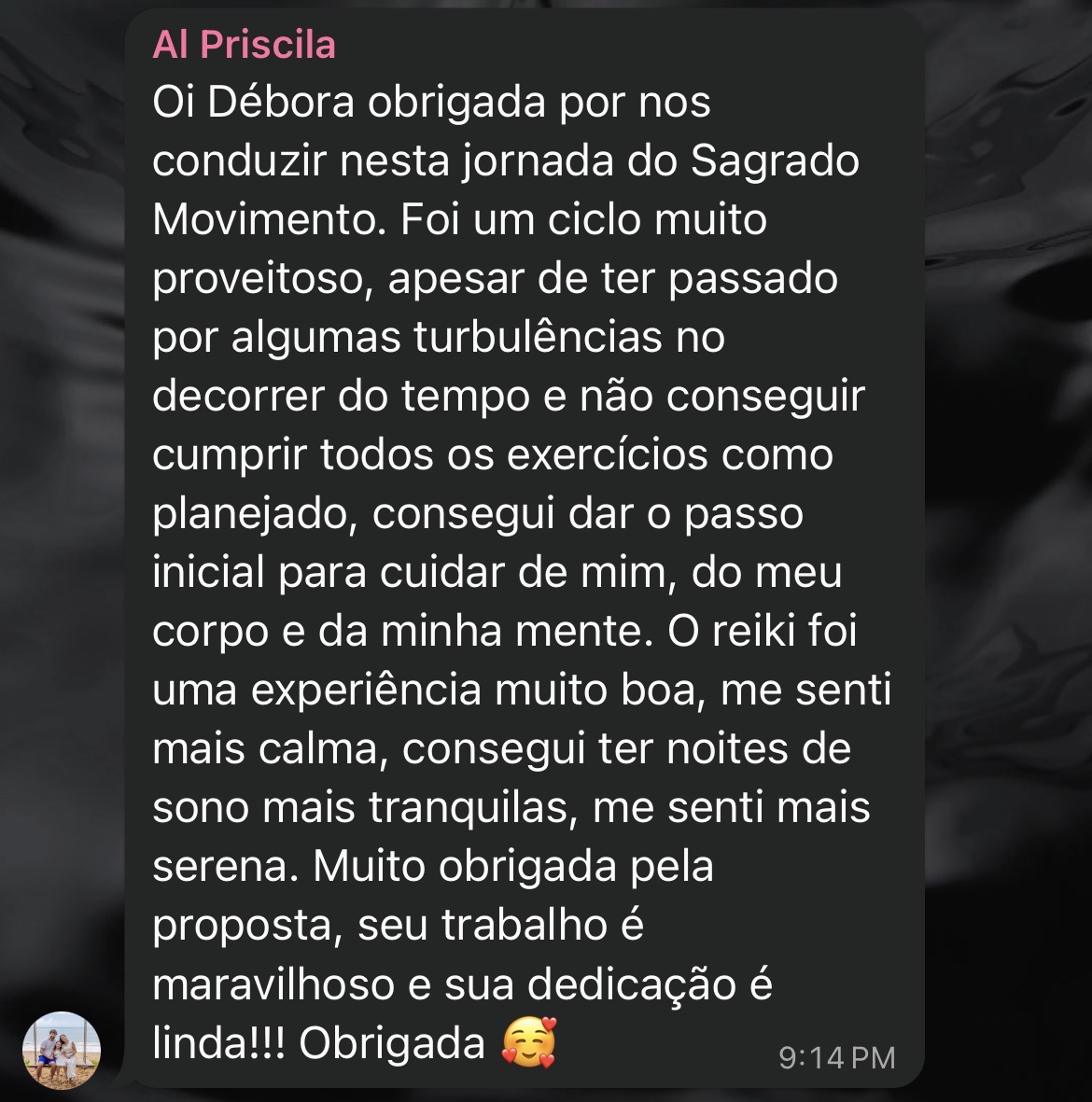 Print da mensagem enviada por Priscila